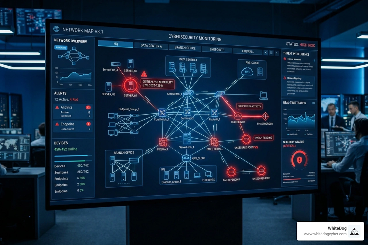 Network topology map highlighting vulnerabilities and security gaps - cyber security health check Network topology map highlighting vulnerabilities and security gaps - cyber security health check