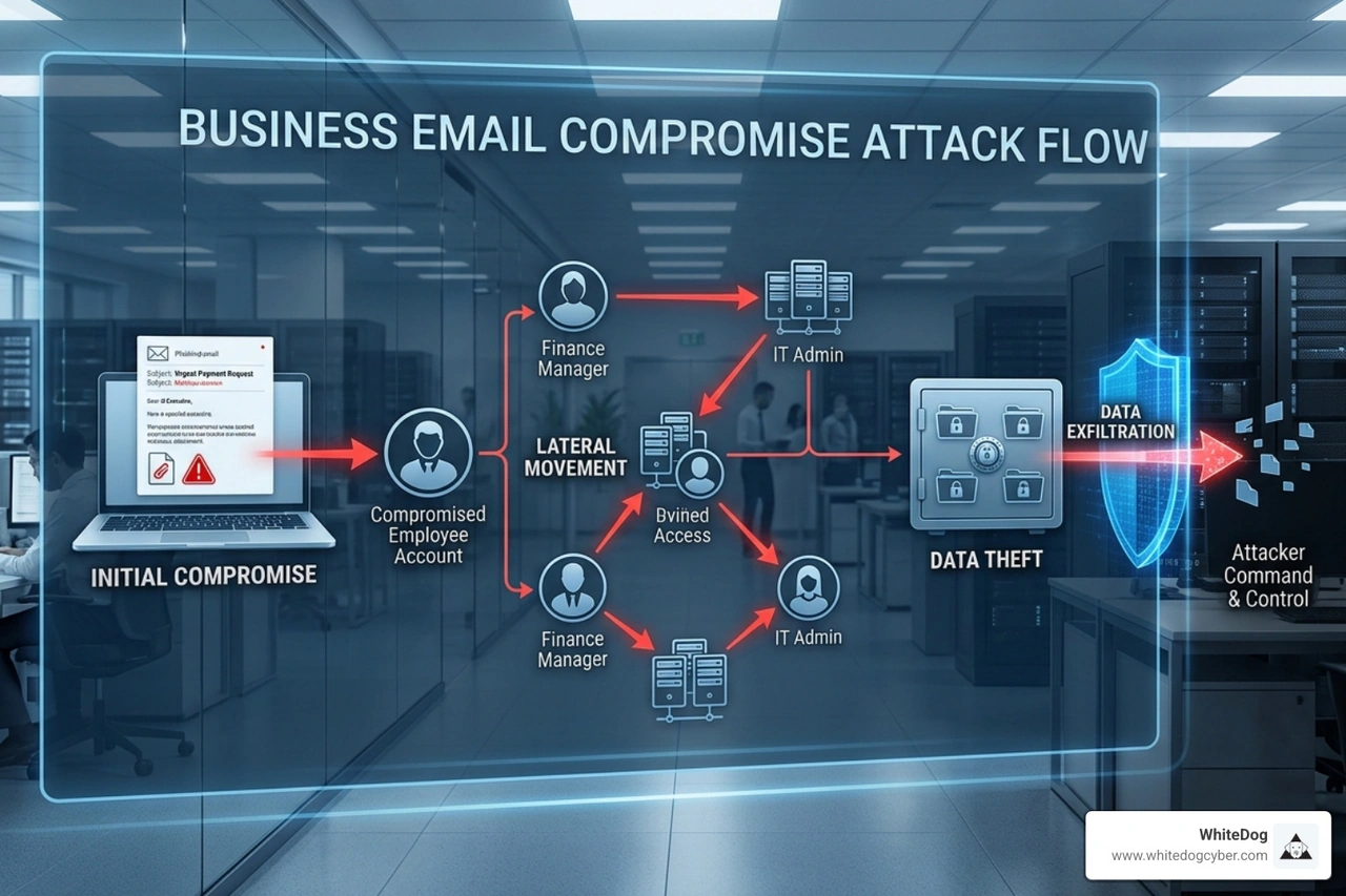 Business Email Compromise flow showing lateral movement and data theft - MSP email gateway security Business Email Compromise flow showing lateral movement and data theft - MSP email gateway security