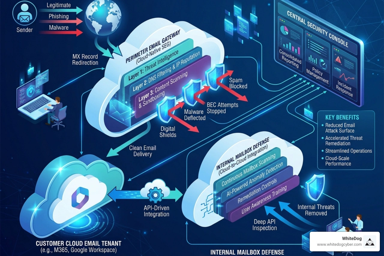 Cloud-native integrated security architecture showing MX and API layers - MSP email gateway security Cloud-native integrated security architecture showing MX and API layers - MSP email gateway security