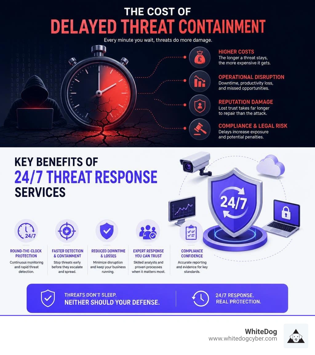 Infographic showing cost of delayed threat containment and key benefits of 24/7 threat response services infographic