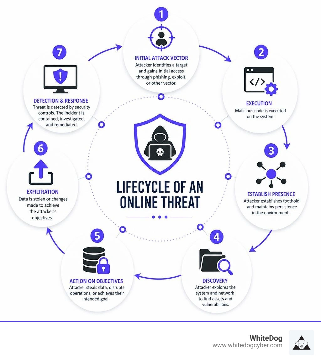 Lifecycle of an online threat from initial attack vector to detection and response infographic Lifecycle of an online threat from initial attack vector to detection and response infographic