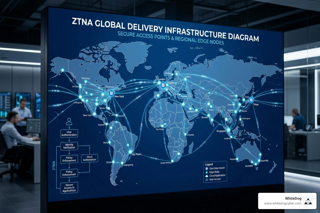 Cloud infrastructure showing global points of presence for ZTNA delivery - benefits of ztna Cloud infrastructure showing global points of presence for ZTNA delivery - benefits of ztna