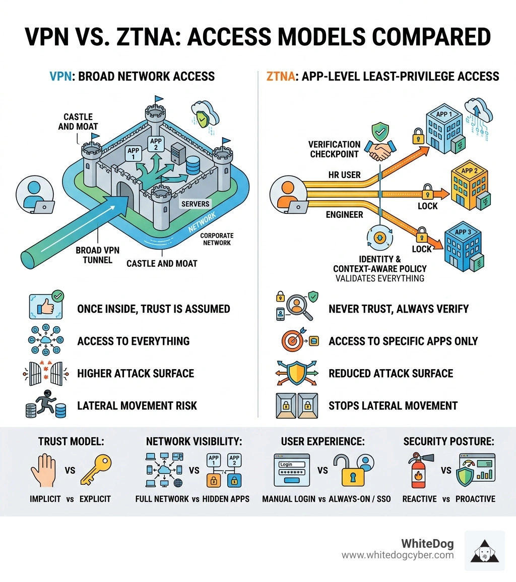 Infographic comparing VPN broad network access vs ZTNA app-level least-privilege access and zero trust principles - benefits Infographic comparing VPN broad network access vs ZTNA app-level least-privilege access and zero trust principles - benefits
