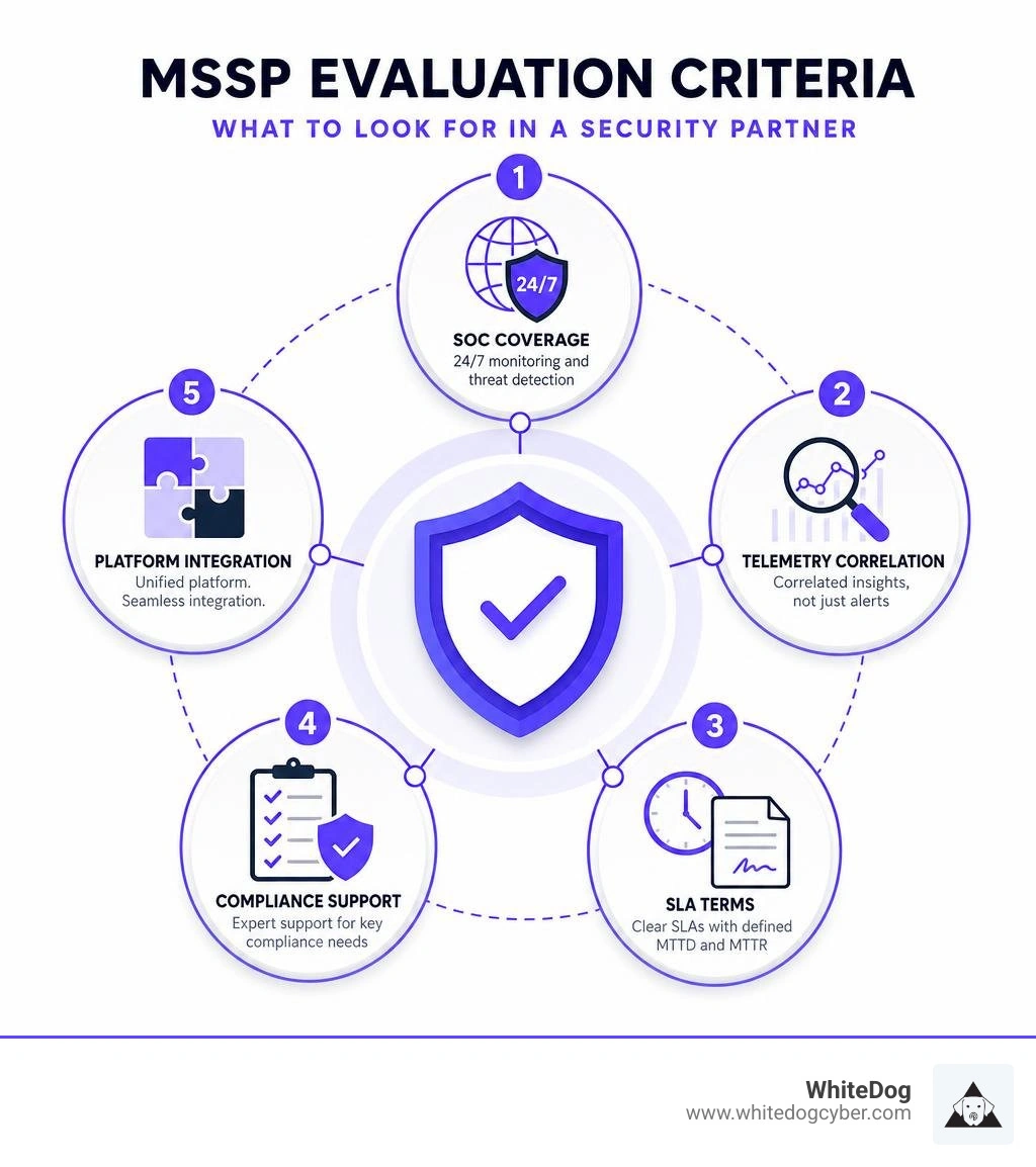 Infographic: MSSP evaluation criteria including SOC coverage, telemetry correlation, SLA terms, compliance support, and Infographic: MSSP evaluation criteria including SOC coverage, telemetry correlation, SLA terms, compliance support, and