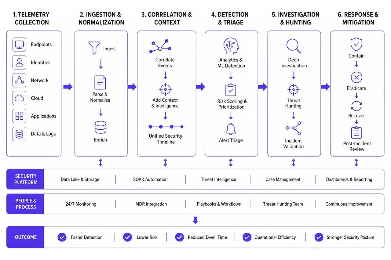 N-SOC multi-layered threat detection framework diagram showing telemetry pipeline from collection to response N-SOC multi-layered threat detection framework diagram showing telemetry pipeline from collection to response