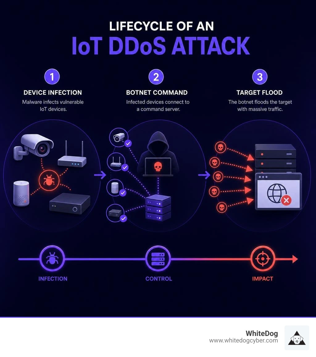 Lifecycle of an IoT DDoS attack from device infection to botnet command to target flood infographic Lifecycle of an IoT DDoS attack from device infection to botnet command to target flood infographic