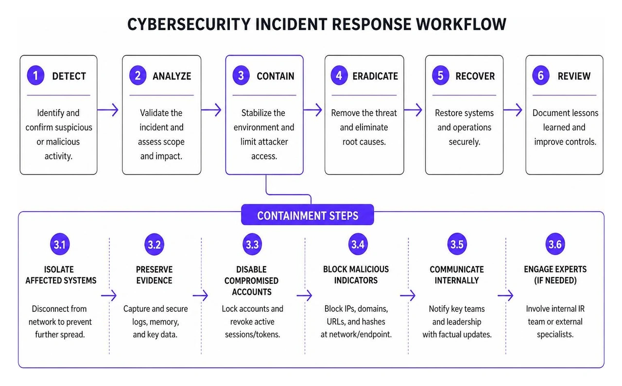 Cybersecurity incident response workflow and containment steps Cybersecurity incident response workflow and containment steps
