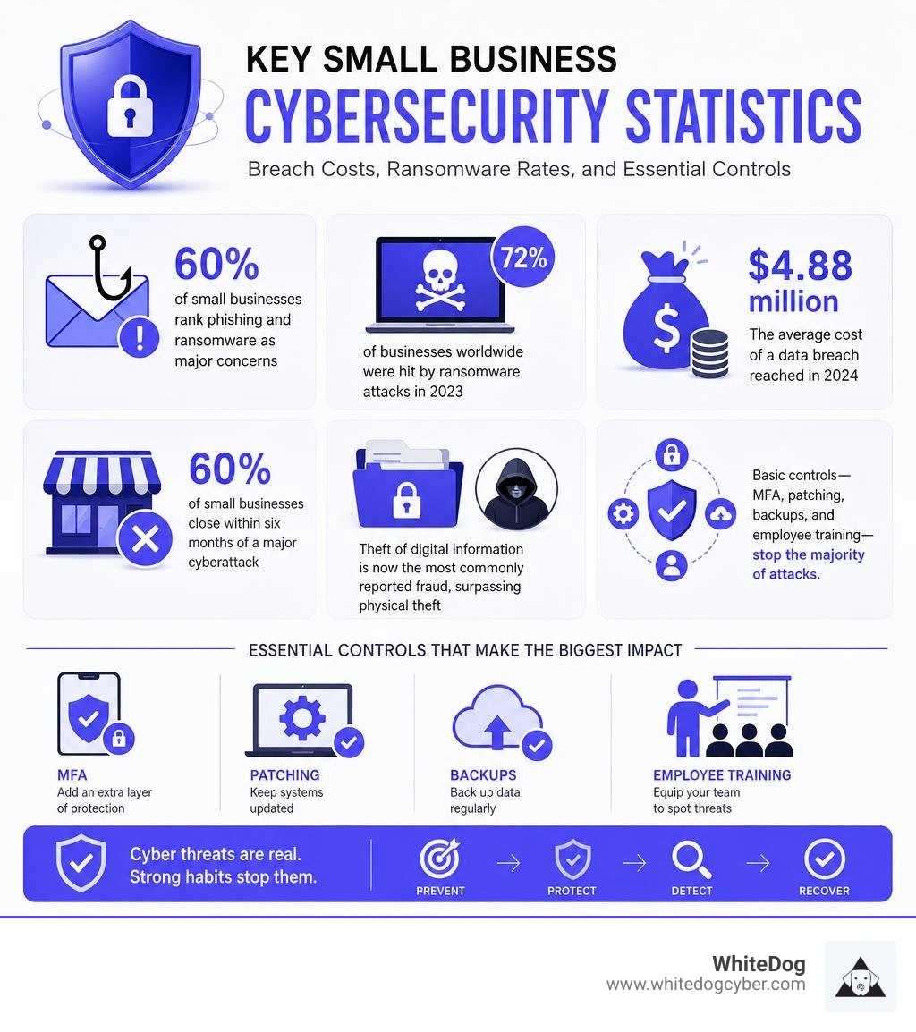 Key small business cybersecurity statistics: breach costs, ransomware rates, and essential controls infographic Key small business cybersecurity statistics: breach costs, ransomware rates, and essential controls infographic