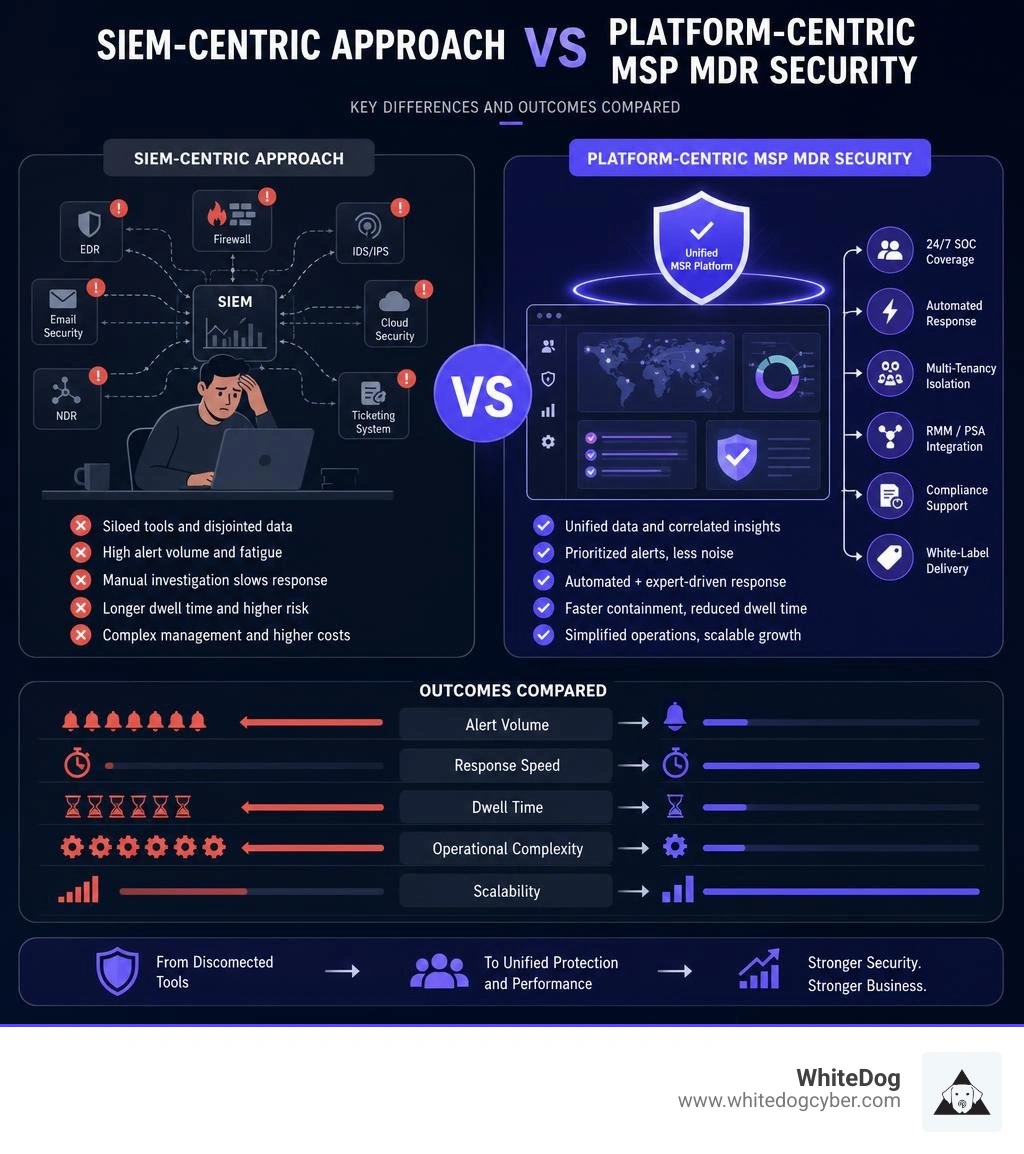 SIEM-centric approach vs platform-centric MSP MDR security: key differences and outcomes compared infographic SIEM-centric approach vs platform-centric MSP MDR security: key differences and outcomes compared infographic