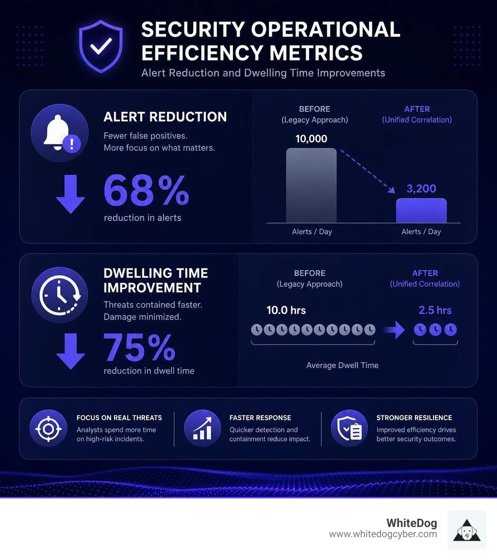 Security operational efficiency metrics showing alert reduction and dwelling time improvements infographic