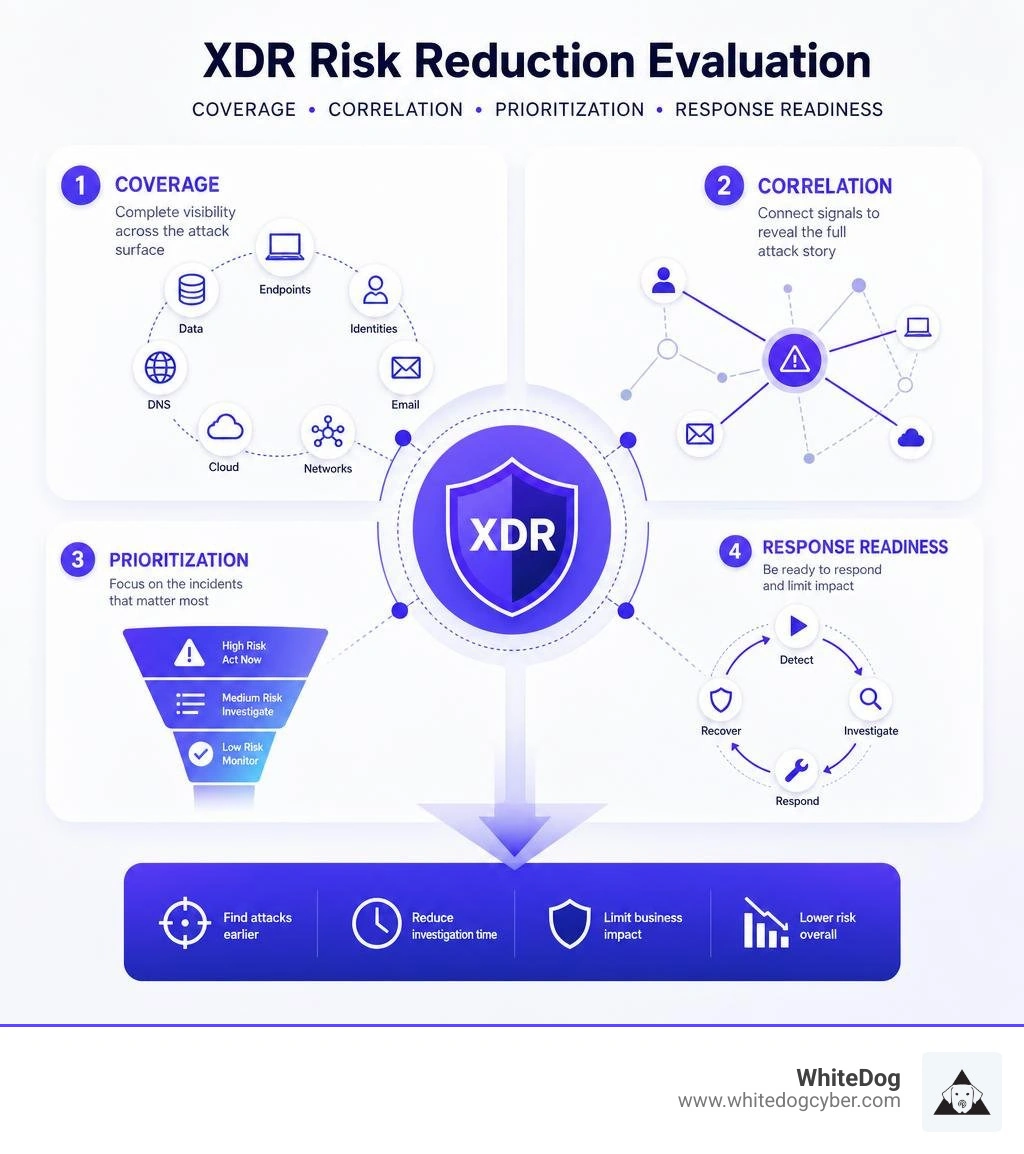 XDR risk reduction evaluation: coverage, correlation, prioritization, and response readiness infographic XDR risk reduction evaluation: coverage, correlation, prioritization, and response readiness infographic
