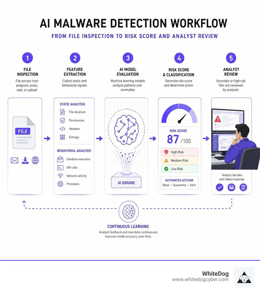 AI malware detection workflow from file inspection to risk score and analyst review infographic AI malware detection workflow from file inspection to risk score and analyst review infographic