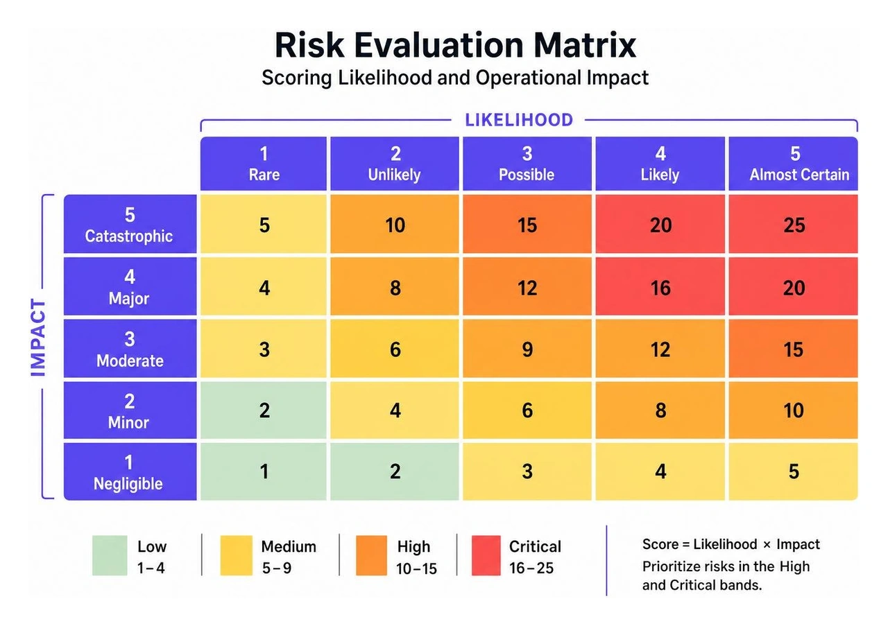 Risk evaluation matrix scoring likelihood and operational impact Risk evaluation matrix scoring likelihood and operational impact