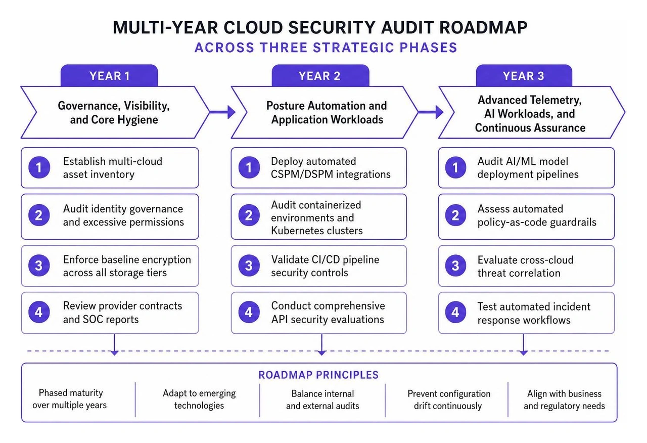 Multi-year cloud security audit roadmap across three strategic phases Multi-year cloud security audit roadmap across three strategic phases