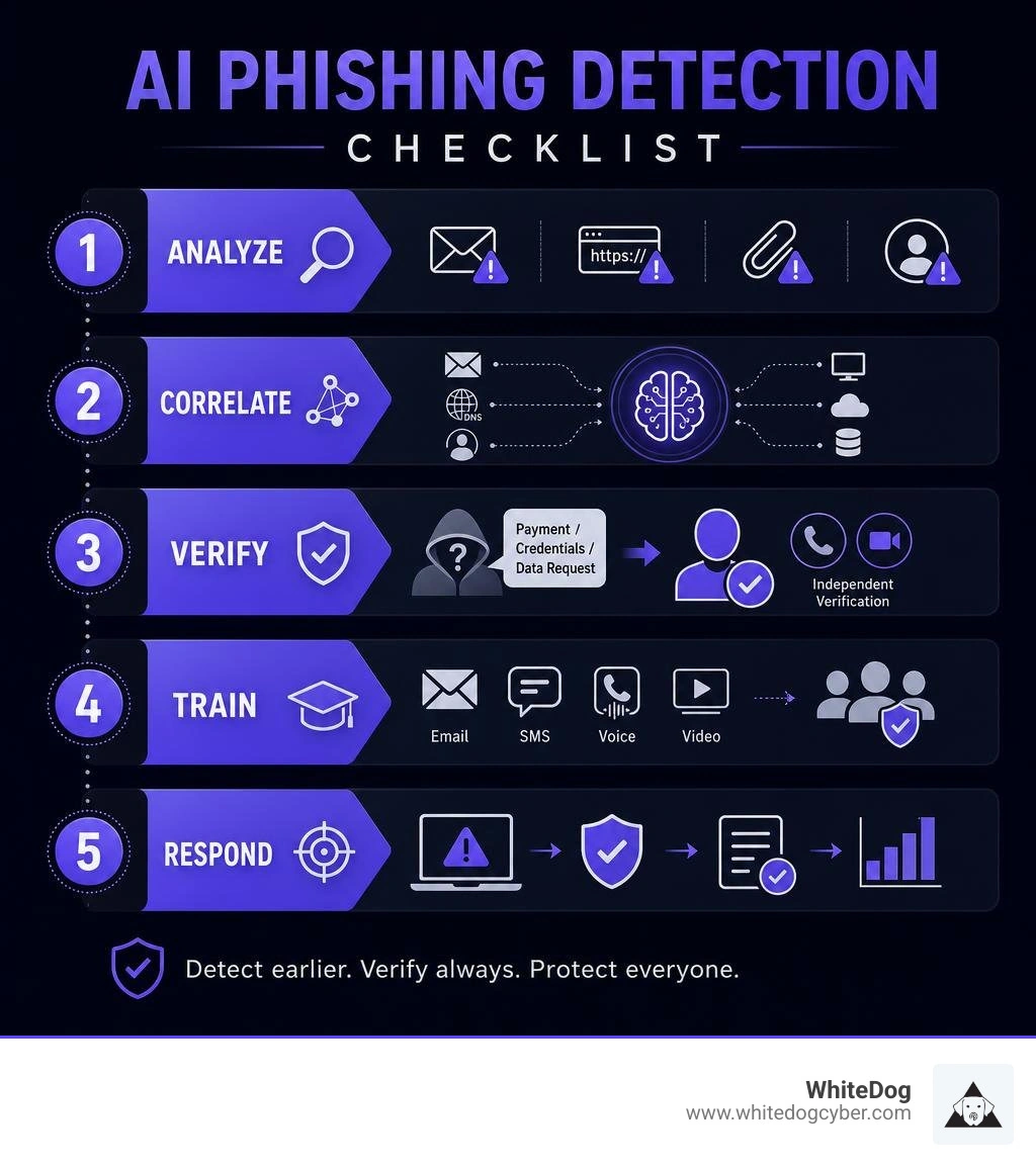 AI phishing detection checklist: analyze, correlate, verify, train, respond infographic