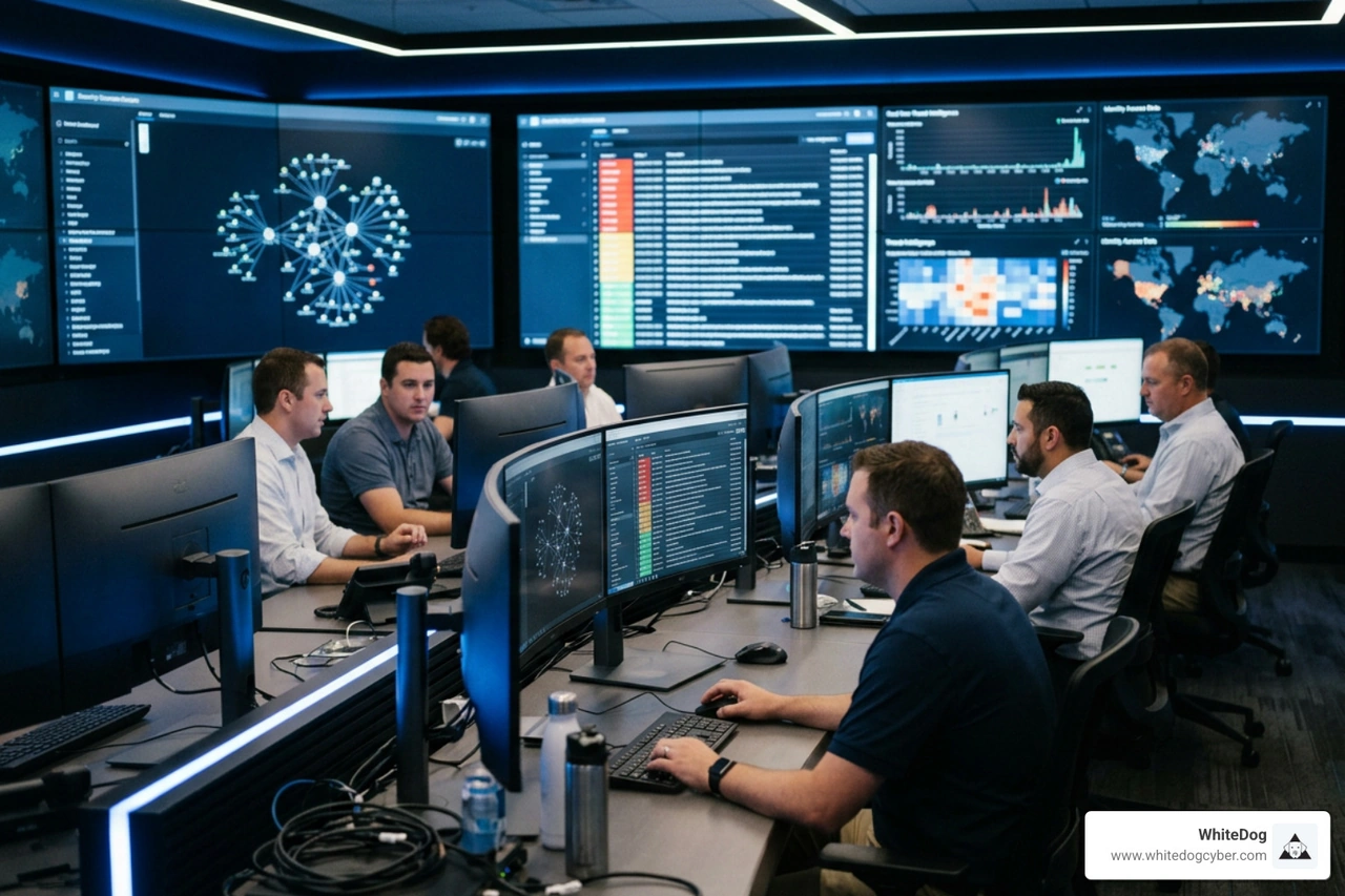Security operations center monitoring correlated threat telemetry across identity and email vectors