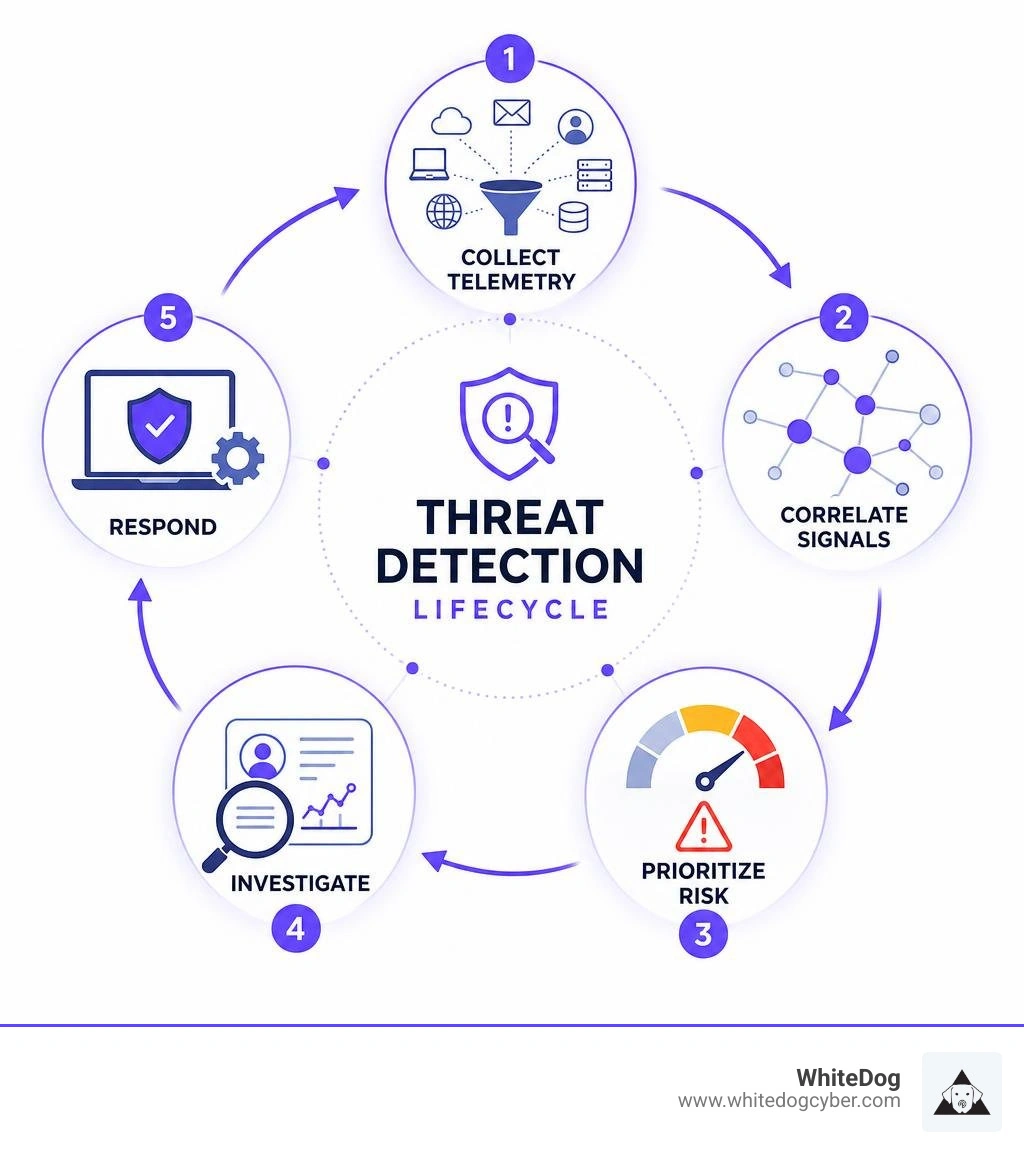 Threat detection lifecycle: collect telemetry, correlate signals, prioritize risk, investigate, respond infographic Threat detection lifecycle: collect telemetry, correlate signals, prioritize risk, investigate, respond infographic