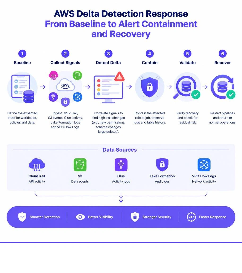 AWS delta detection response workflow from baseline to alert containment and recovery infographic AWS delta detection response workflow from baseline to alert containment and recovery infographic