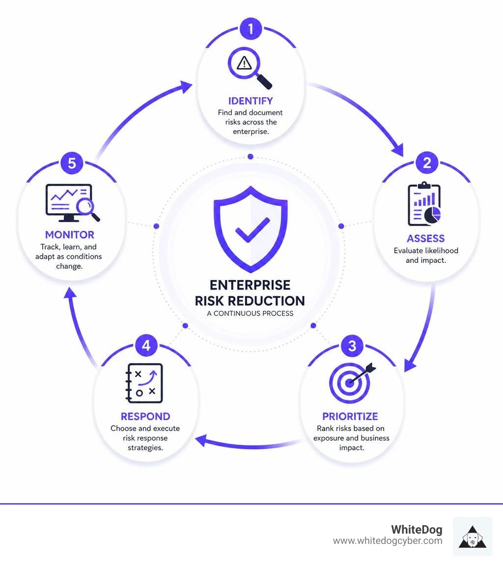 Enterprise risk reduction steps: identify, assess, prioritize, respond, monitor infographic Enterprise risk reduction steps: identify, assess, prioritize, respond, monitor infographic