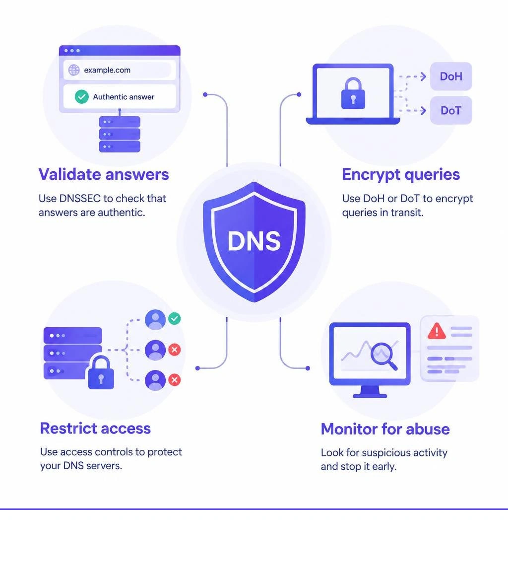DNS security controls: validate answers, encrypt queries, restrict access, and monitor for abuse infographic DNS security controls: validate answers, encrypt queries, restrict access, and monitor for abuse infographic
