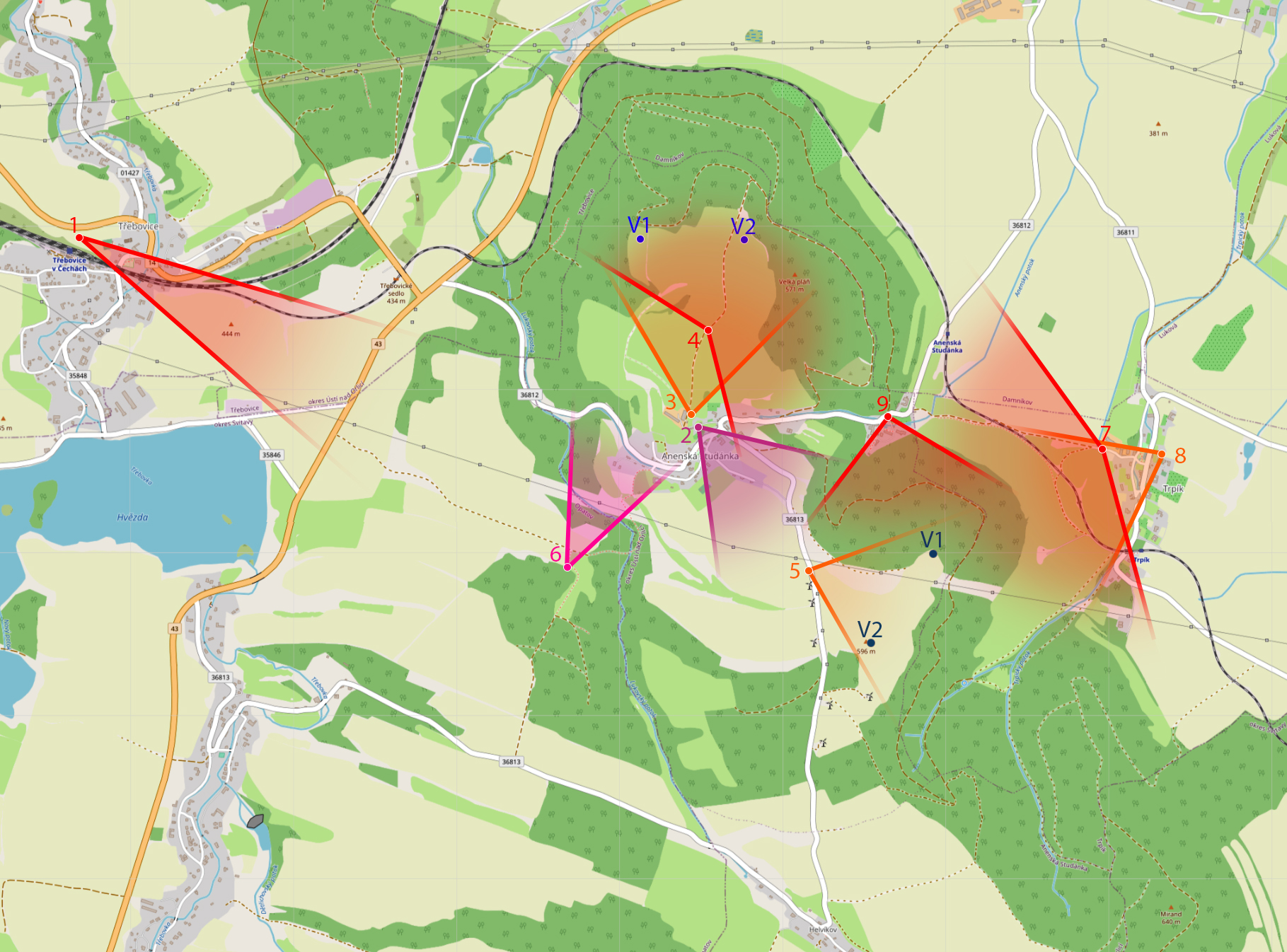 Turistická mapa oblasti Anenská Studánka s vyznačenými body a pohledy V1 a V2 na kopcích Velká plán 571 m a další oblasti.