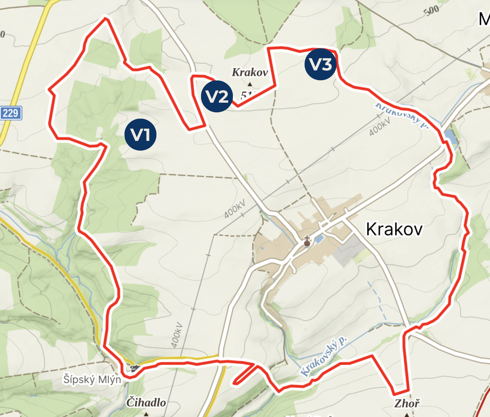 Mapa oblasti Krakova s označenou červenou hranicí a body V1, V2, V3 na trase.