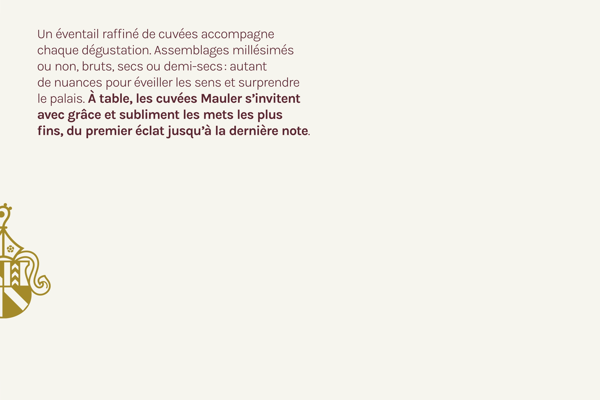 Texte en français sur fond clair avec blason doré en bas à gauche décrivant les cuvées Mauler.