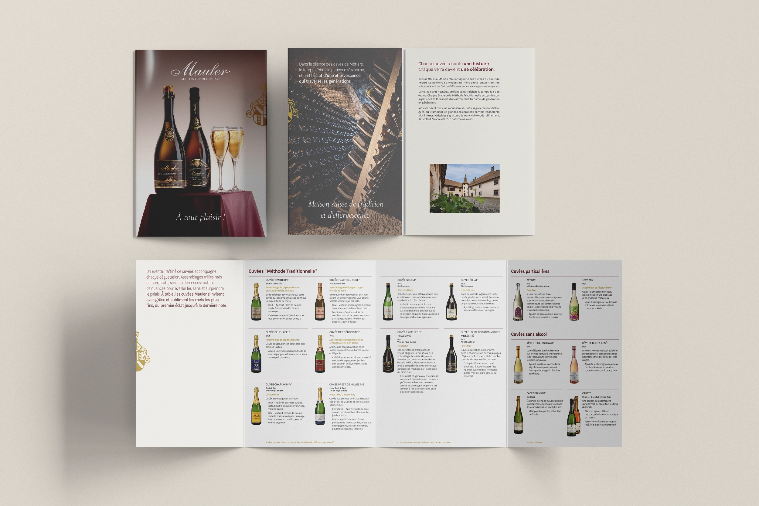 Dépliant de la maison Mauler présentant leurs bouteilles de vin mousseux et descriptions des cuvées.