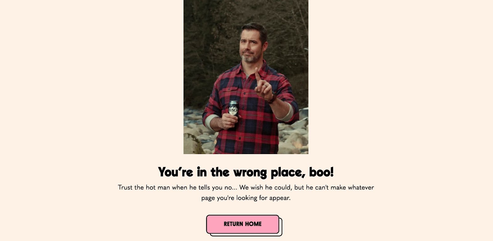 OK Micah's 404 page, which contains an image of a brown haired man in a flannel with his finger wagging at you. The headline reads, "You're in the wrong place boo!"