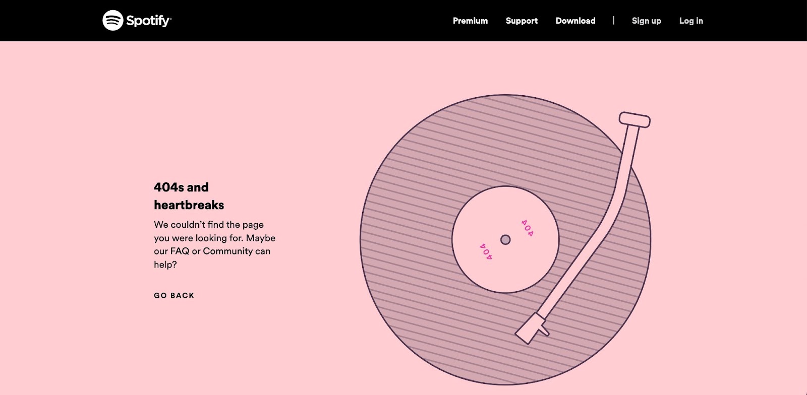 An image of Spotify's 404 page. It's headlined 404s and heartbreaks with a cartoon image of a record on a record player.