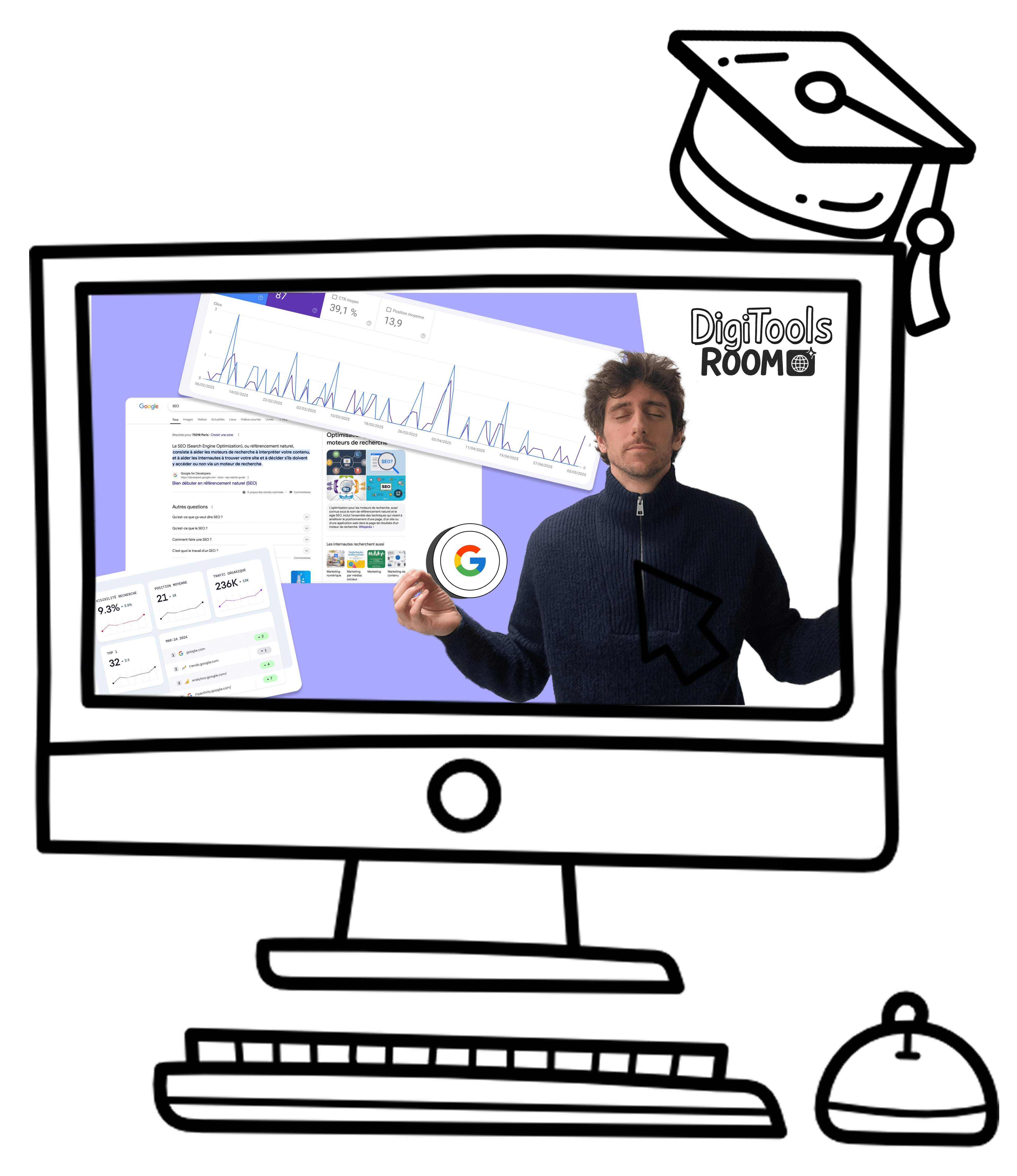 Miniature vidéo de la formation SEO avec le bouton "Tester le premier chapitre gratuitement" – plateforme Digitools Room