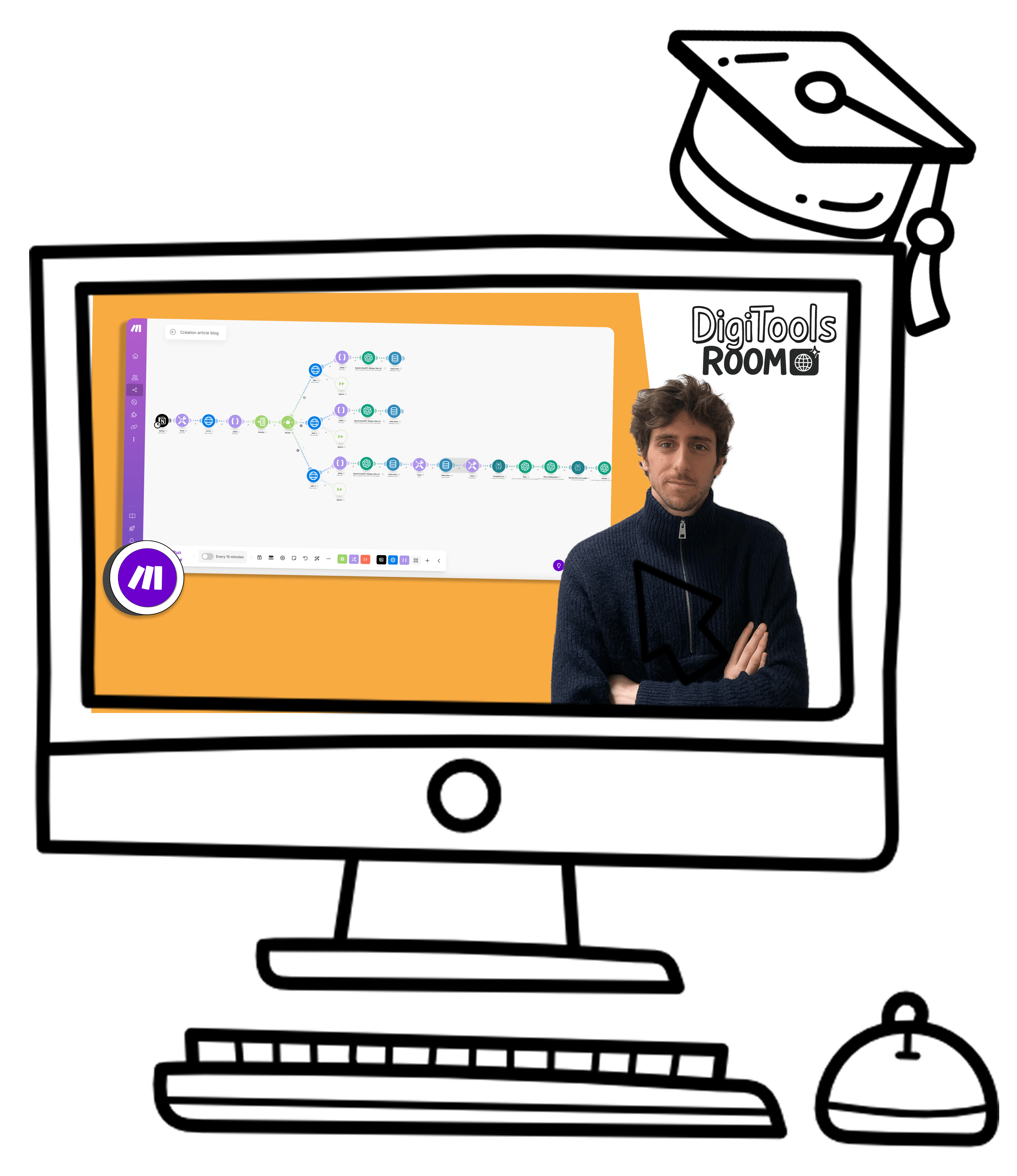 Miniature vidéo de la formation Make avec le bouton "Tester le premier chapitre gratuitement" – plateforme Digitools Room