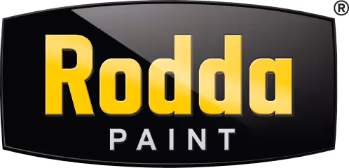 Rodda Paint company logo with yellow Rodda text and white Paint text on a black background.