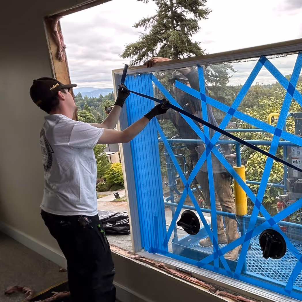 Worker installing a large window pane secured with blue tape on a lift outside a residential building.