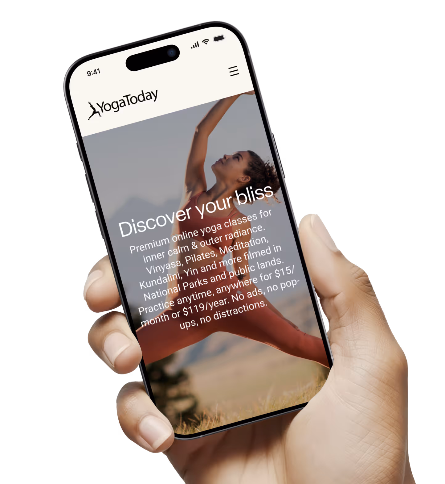 Hand holding a smartphone displaying YogaToday website with a woman doing a yoga pose and text about premium online yoga classes.