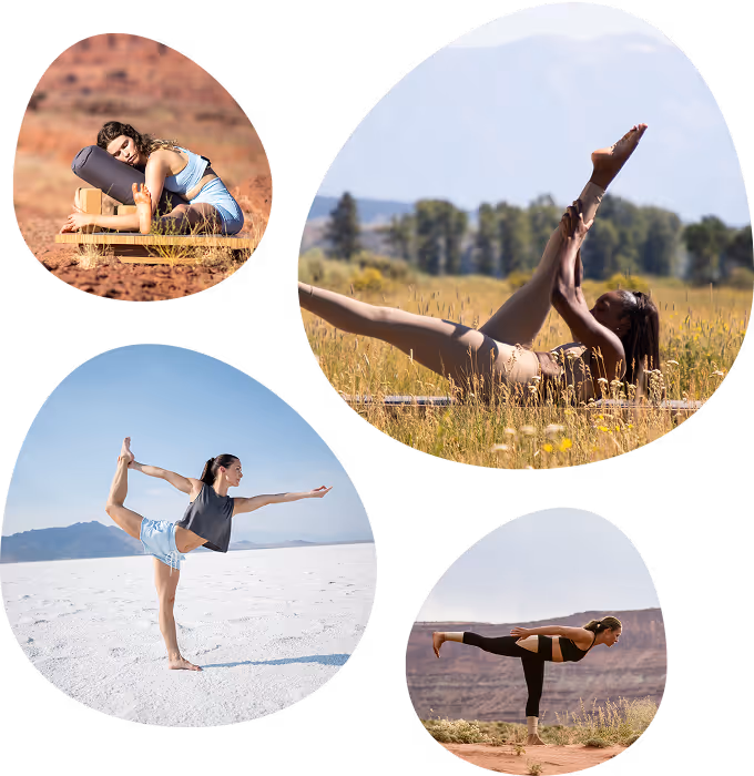 Four women practicing different yoga poses outdoors in varied natural landscapes.