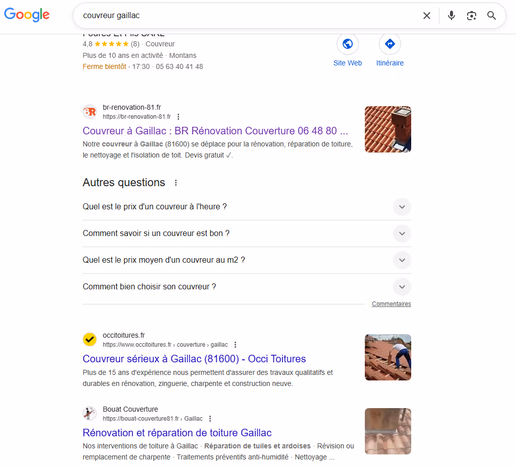 capture d'écran de la recherche google : "couvreur à Gaillac"