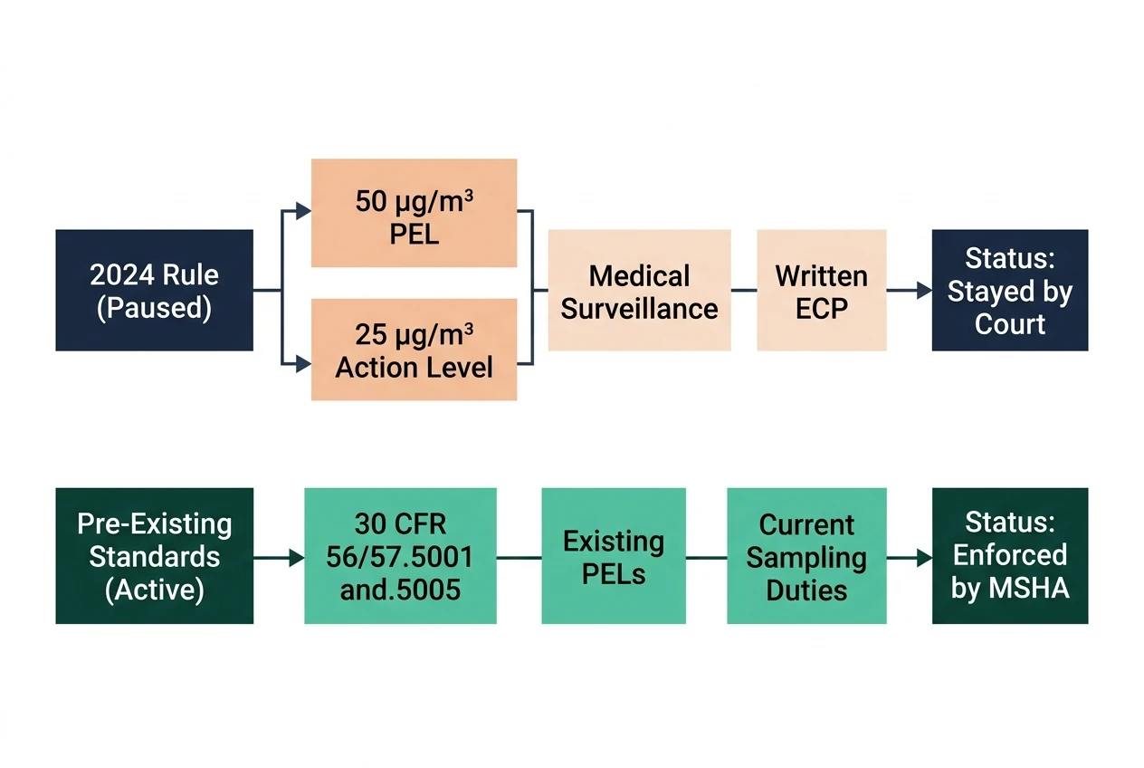 Two-track enforcement status showing paused vs, active obligations, Labels: 2024 Rule (Paused) → 50 µg/m³ PEL