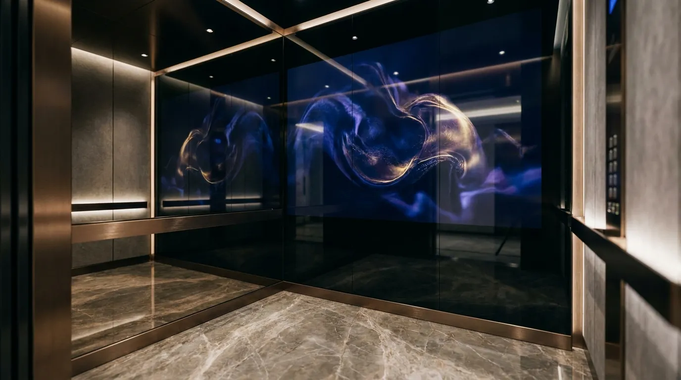 AINA MAXX smart mirror, a 220 by 150 cm immersive full-cabin wall display in a luxury elevator