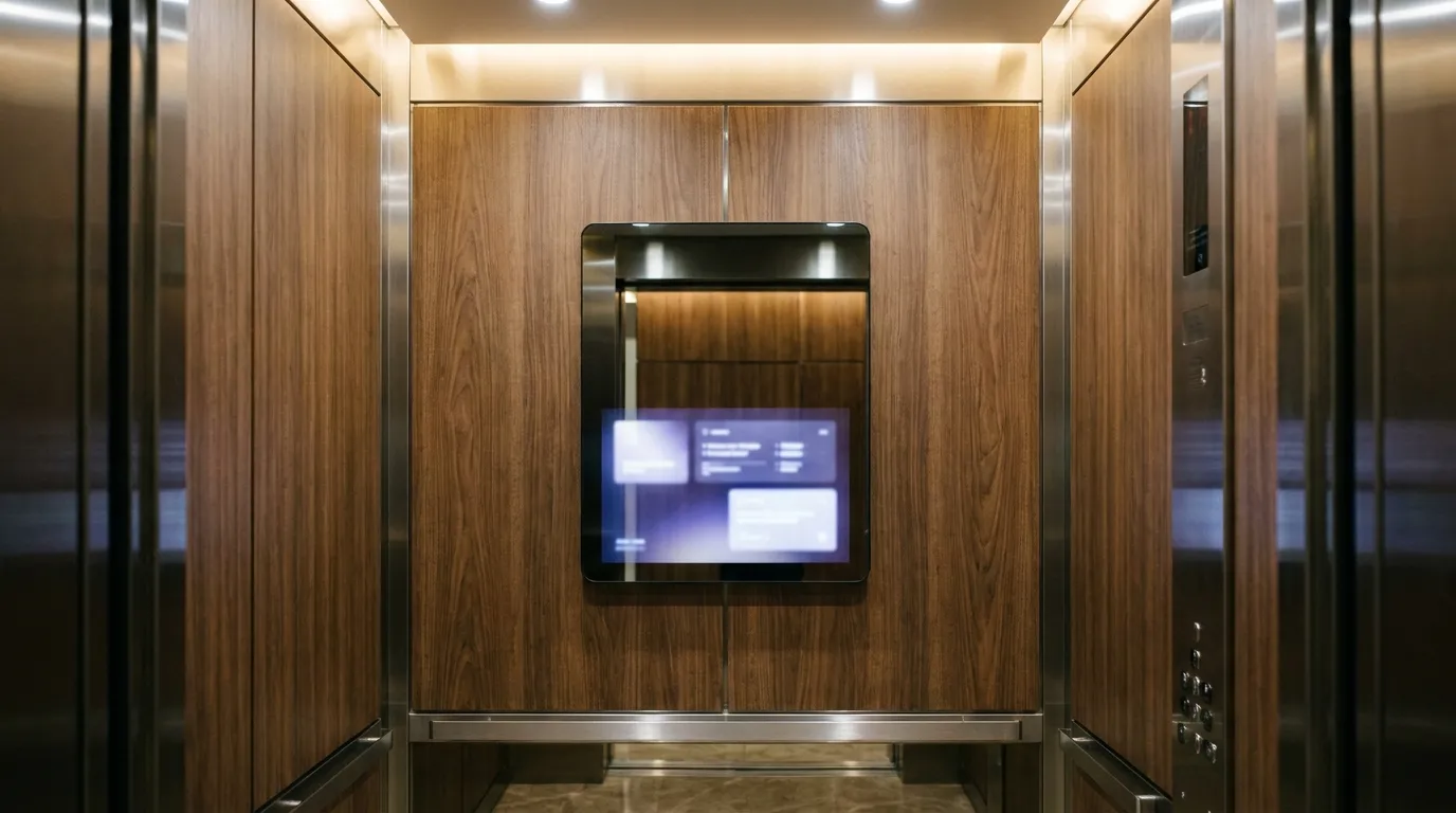 AINA MINI smart mirror, a 122 by 92 cm AI display panel fitted in a compact elevator cabin
