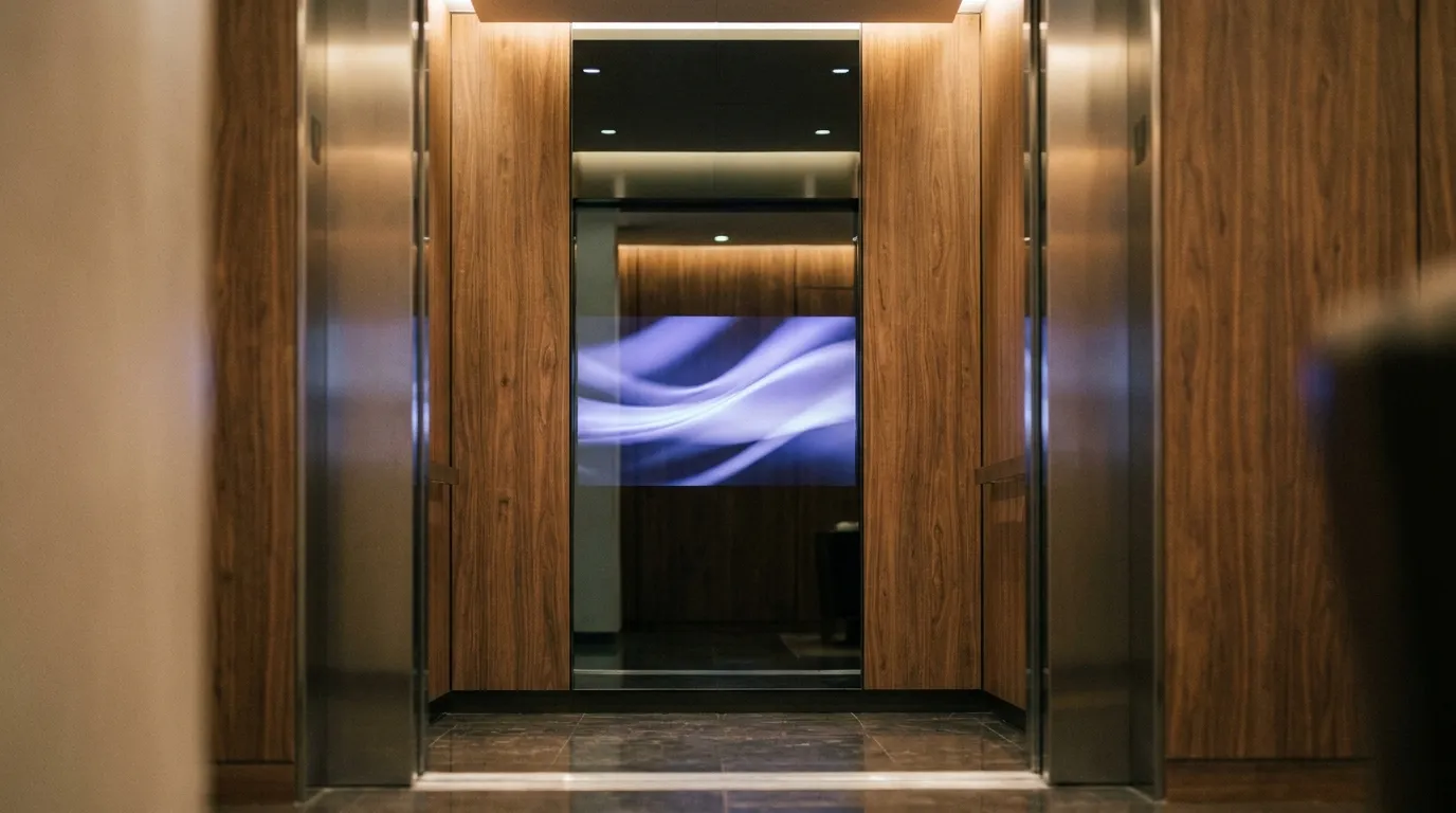 AINA TALL smart mirror, a 220 by 92 cm full-height mirror replacement in a premium elevator cabin
