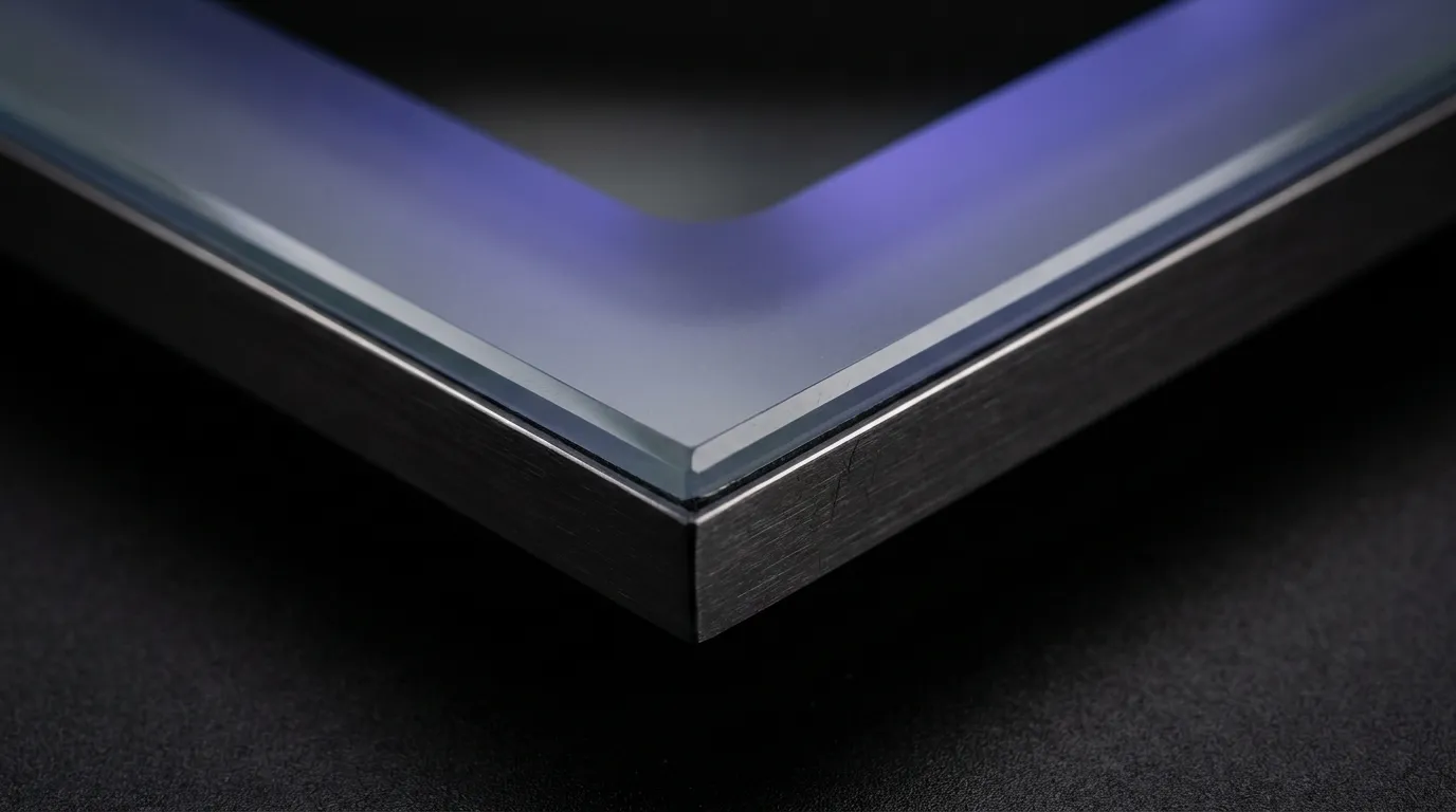 Close-up of an AINA smart mirror edge where polished mirror glass meets the active display area