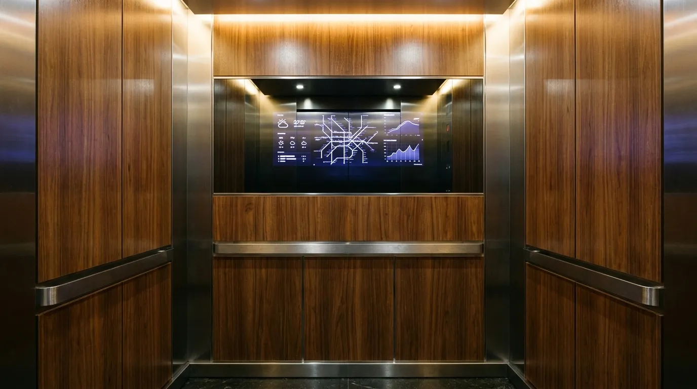 AINA MINI smart mirror panel mounted at eye level in a compact elevator cabin