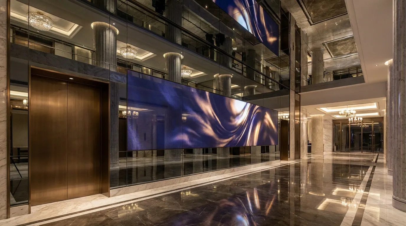 Large-format AINA smart mirror wall dominating a luxury hotel lift lobby