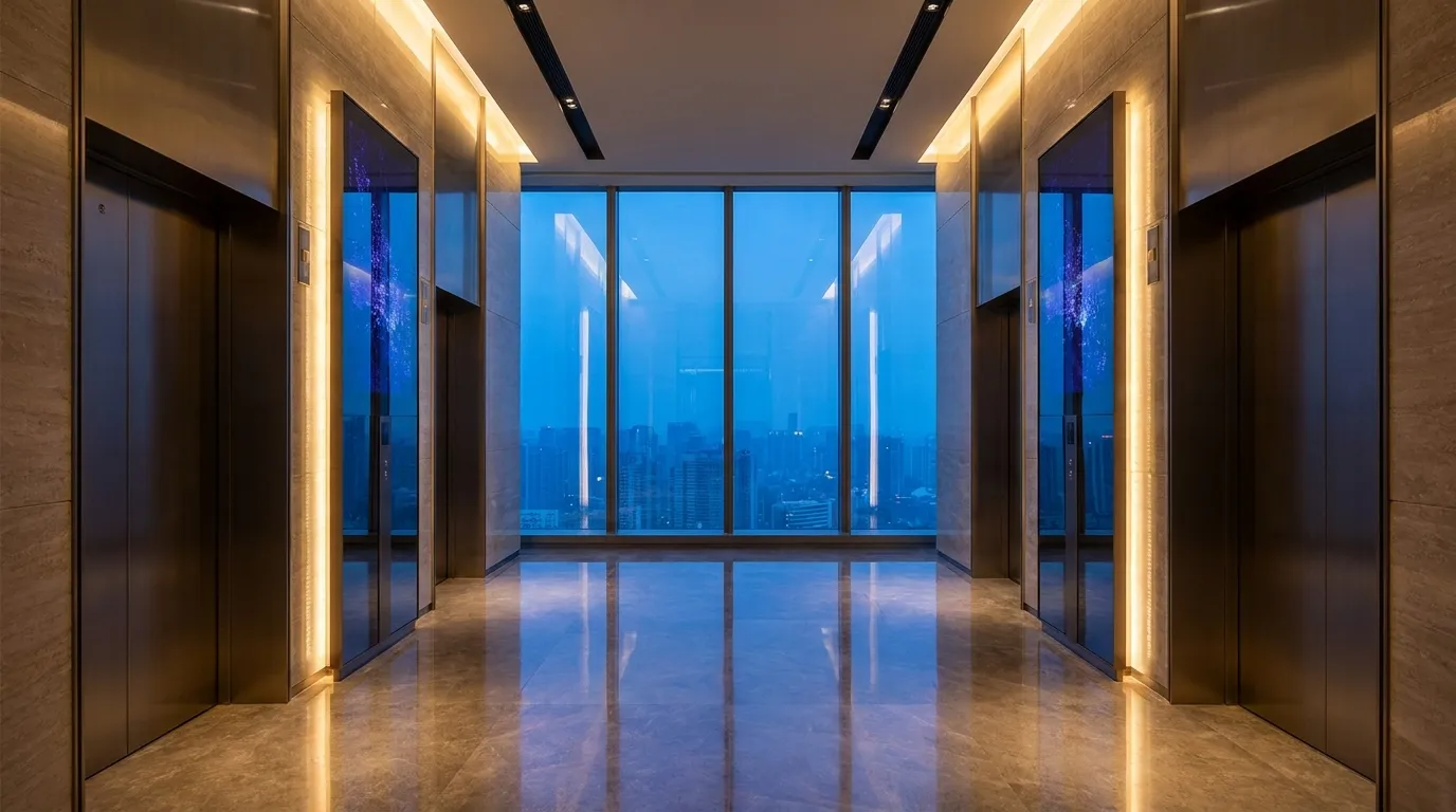 Bank of AINA smart mirror panels in a high-rise elevator lobby at dusk