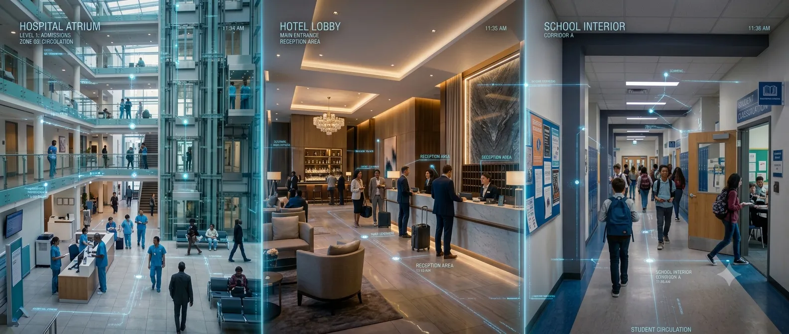 Montage of Matterport virtual tour environments across a hospital, a hotel lobby and a school interior