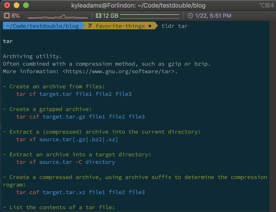 Screenshot of running the tldr tar command