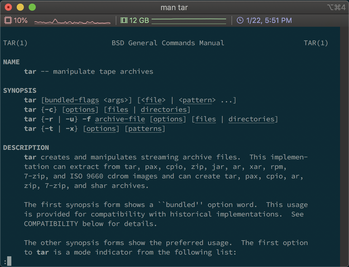 Screenshot of running the man tar command