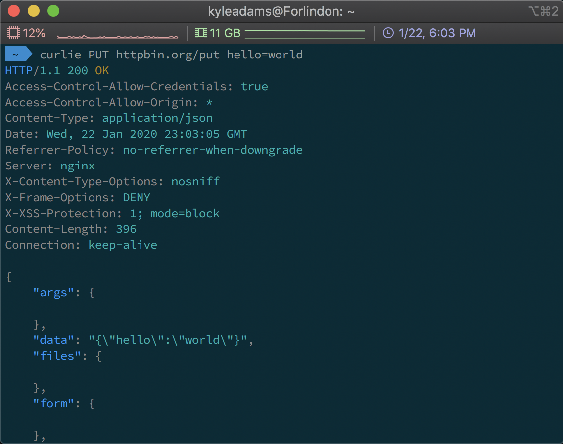 Screenshot of using curlie to perform an HTTP PUT