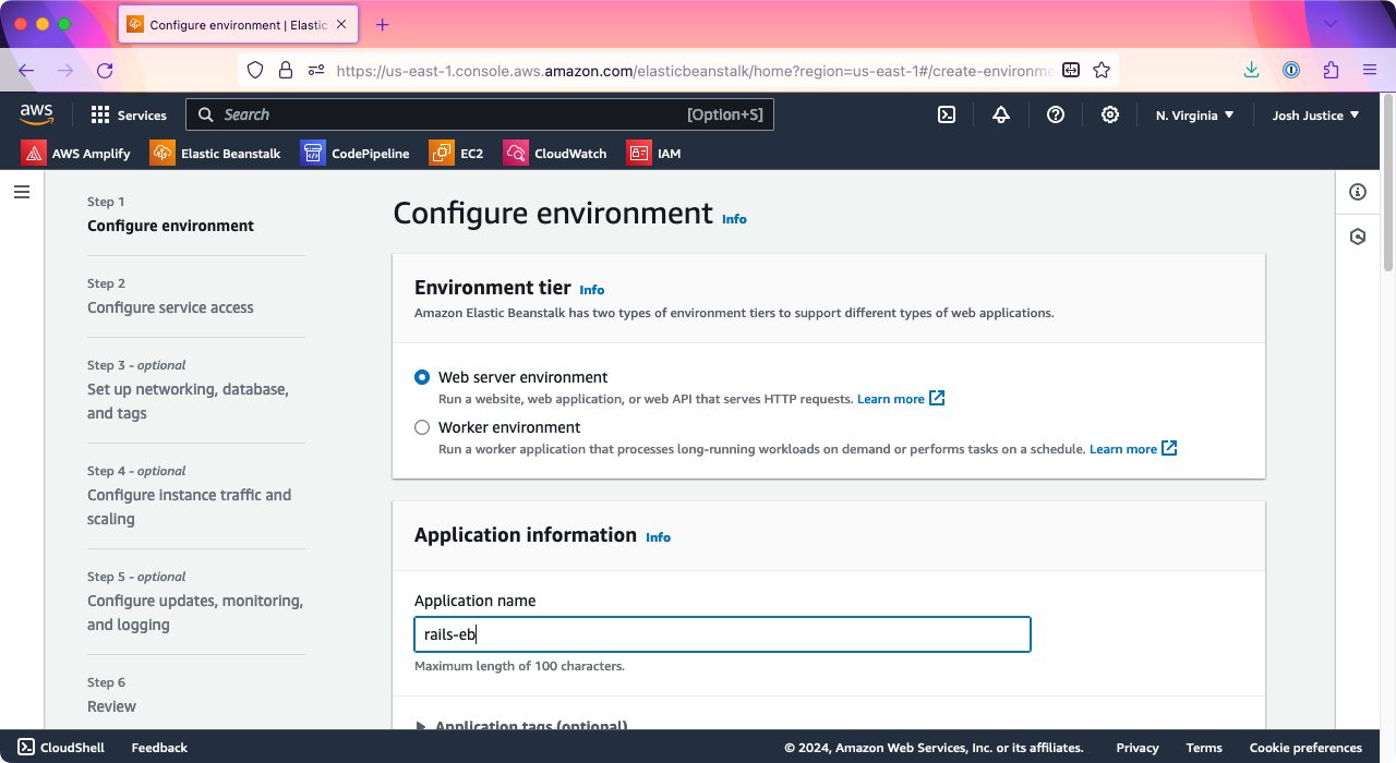 The 'Configure Environment' step of creating a new Elastic Beanstalk application. 'rails-eb' has been entered as the Application Name.